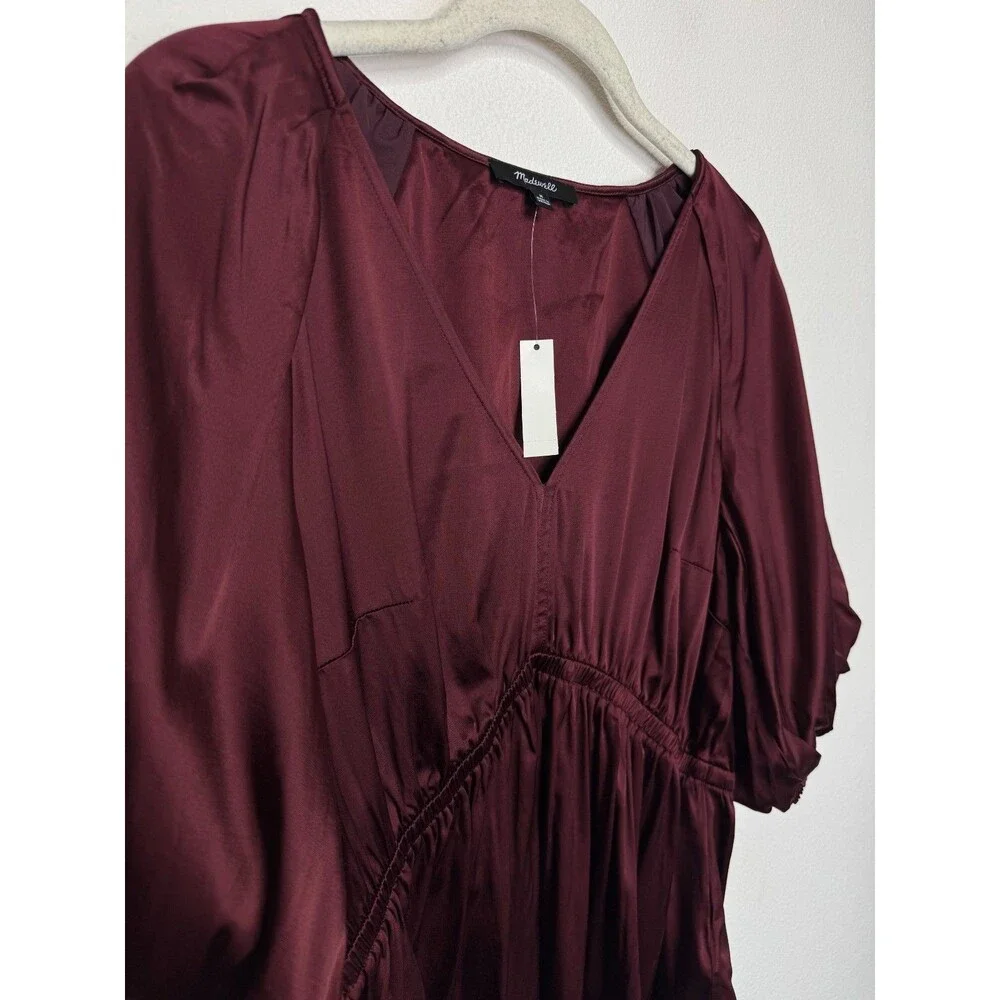 Madewell Medium Shirred Puff Sleeve Top Satin Cabernet V-Neck Empire Waist NWT